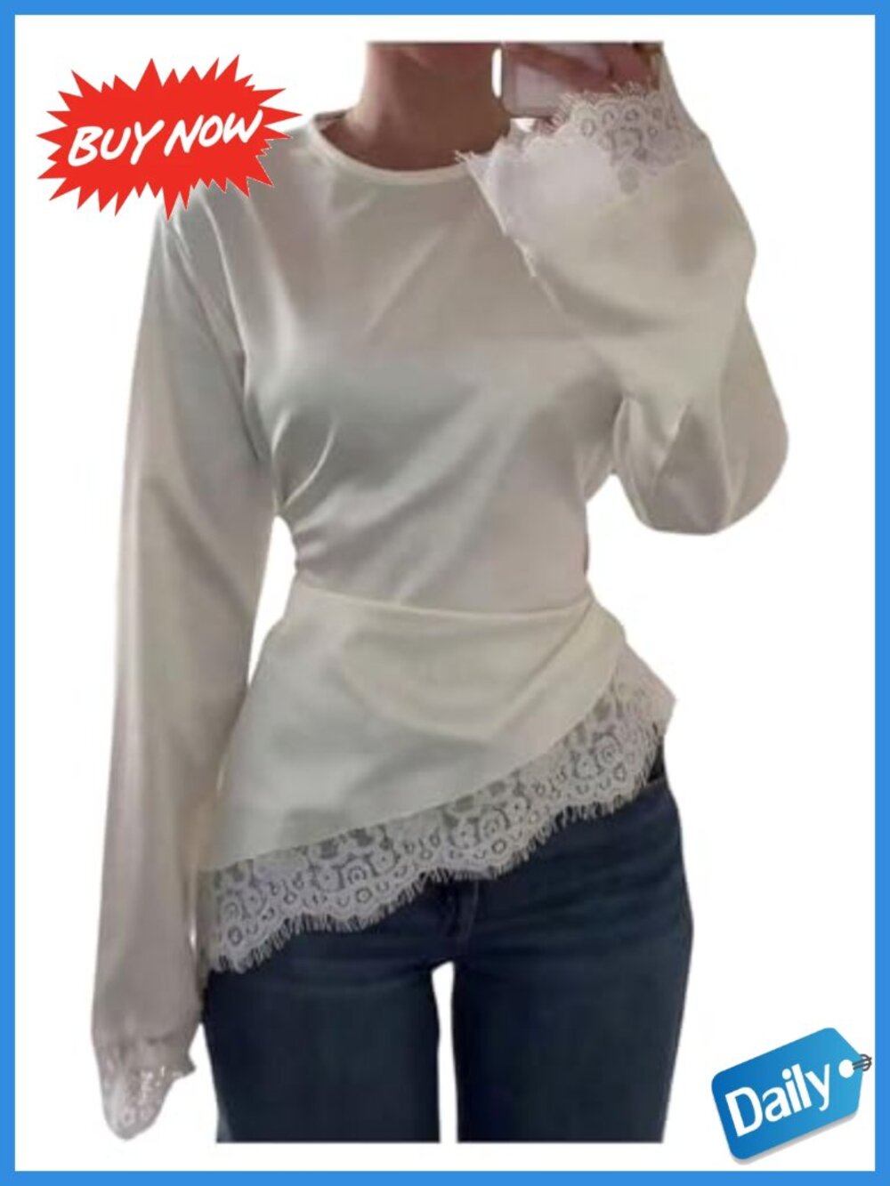 Satin Lace Asymmetrical Long Sleeve Tie Knot Back Blouse Top